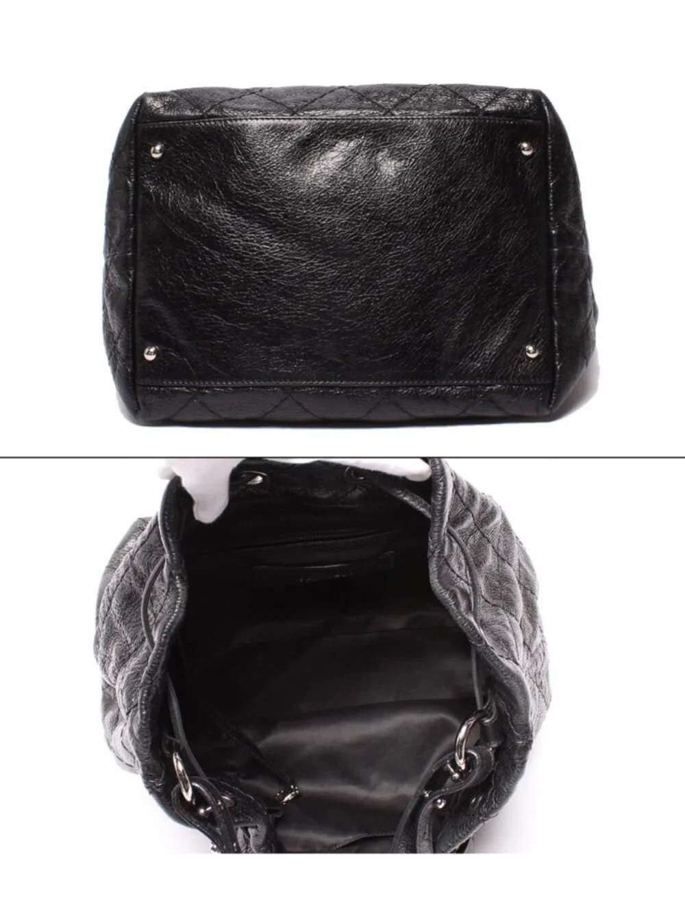 Chanel Leather Shoulder Bag Drawstring Quilted Silver on the Road